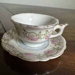 VTG Japanese Miniature Hand‎ Painted Floral Teacup w 2.5 Inch Saucer Set Signed